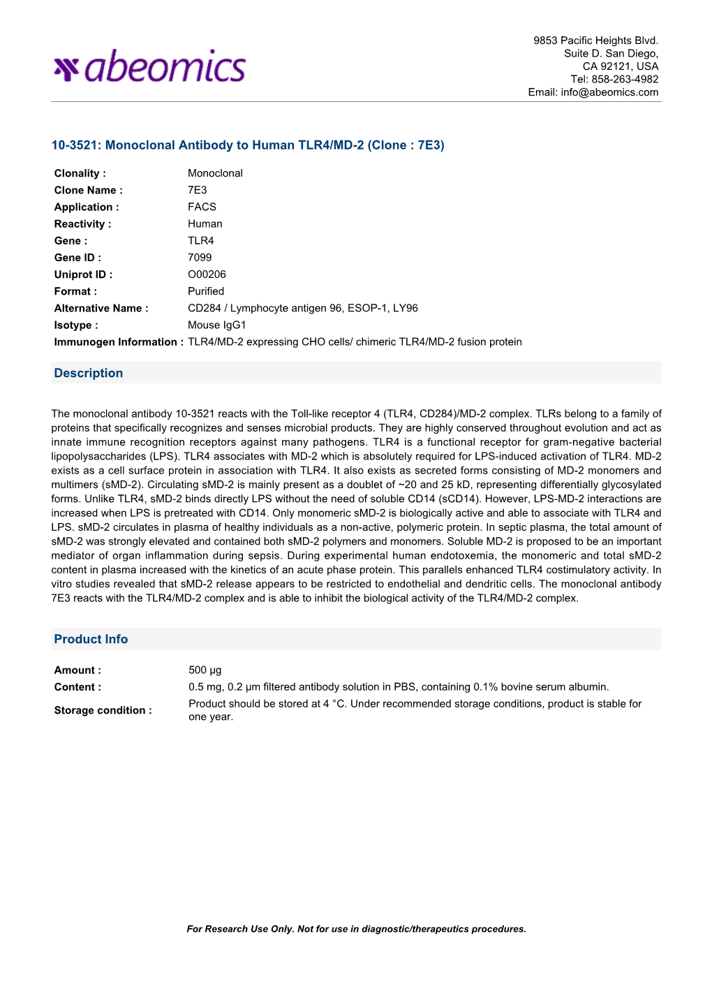 Monoclonal Antibody to Human TLR4/MD-2 (Clone : 7E3)