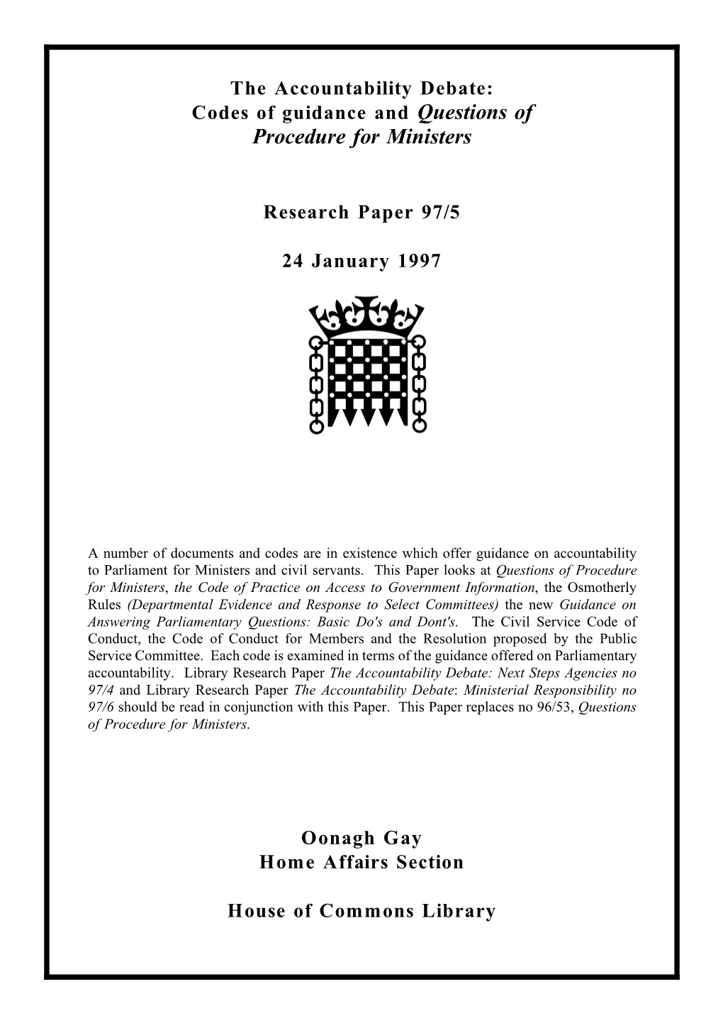 Accountability Debate: Codes of Guidance and Questions of Procedure for Ministers