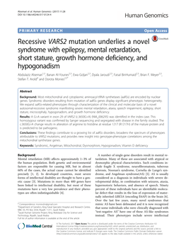 Recessive VARS2 Mutation Underlies a Novel Syndrome with Epilepsy, Mental Retardation, Short Stature, Growth Hormone Deficiency