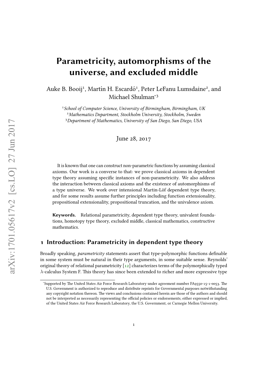 Parametricity, Automorphisms of the Universe, and Excluded Middle