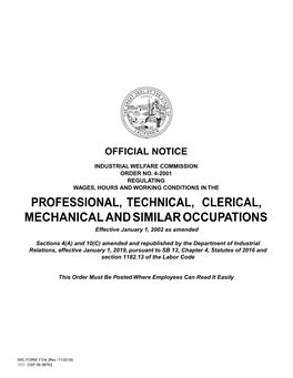 PROFESSIONAL, TECHNICAL, CLERICAL, MECHANICAL and SIMILAR OCCUPATIONS Effective January 1, 2002 As Amended