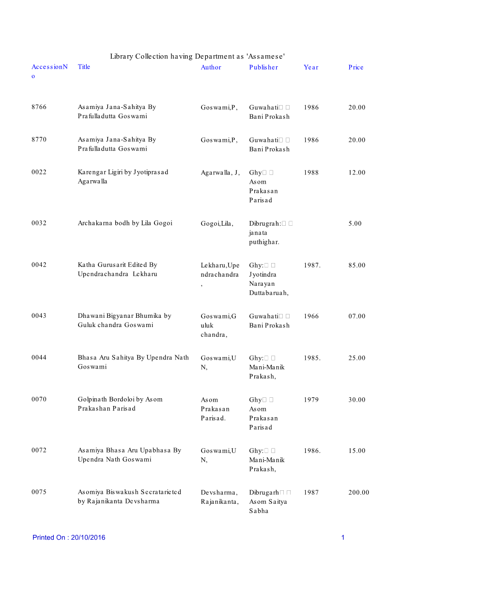 Assamese' Accessionn Title Author Publisher Year Price O