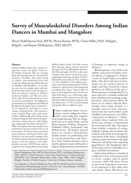 Survey of Musculoskeletal Disorders Among Indian Dancers in Mumbai and Mangalore