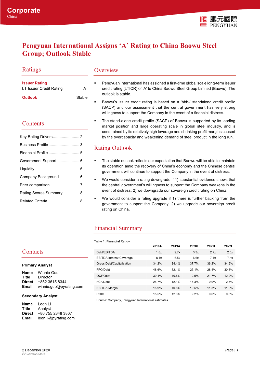 Pengyuan International Assigns 'A' Rating to China Baowu Steel Group