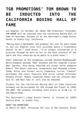 Tom Brown to Be Inducted Into the California Boxing Hall of Fame