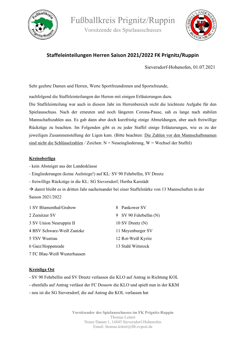 Fußballkreis Prignitz/Ruppin Vorsitzende Des Spielausschusses