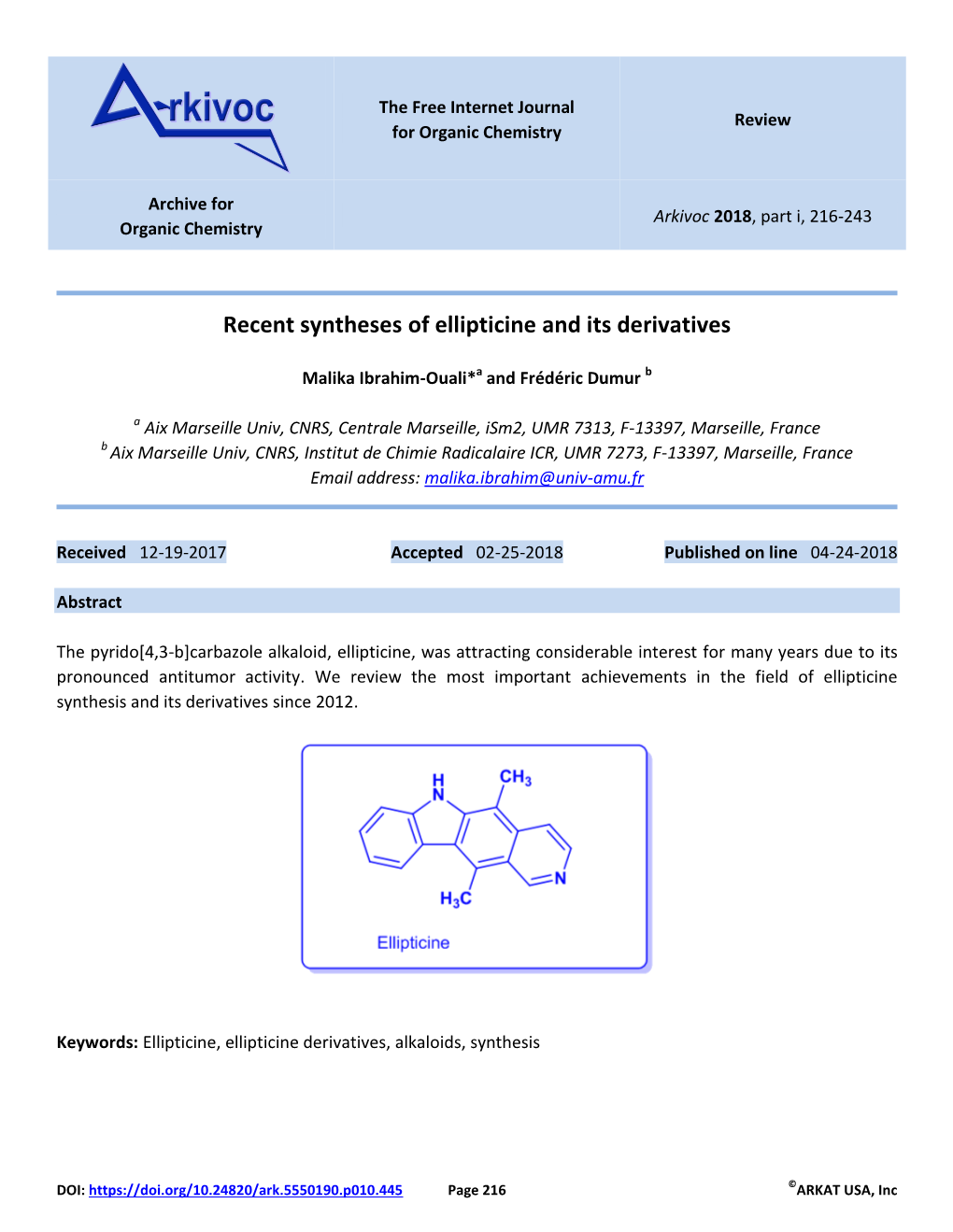 Recent Syntheses of Ellipticine and Its Derivatives