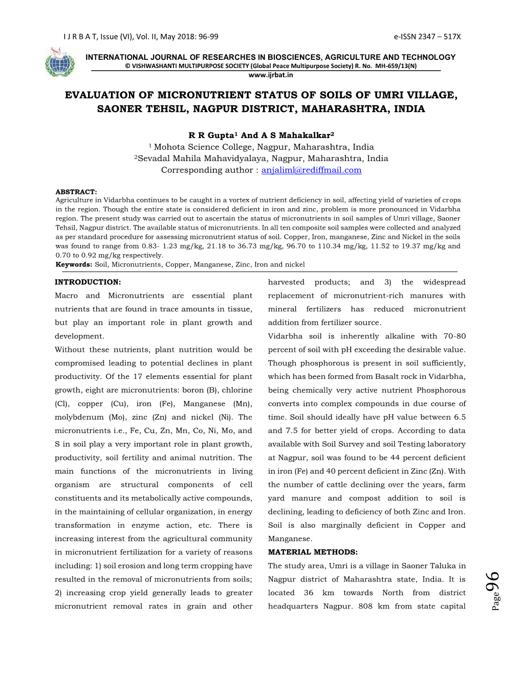 Evaluation of Micronutrient Status of Soils of Umri Village, Saoner Tehsil, Nagpur District, Maharashtra, India