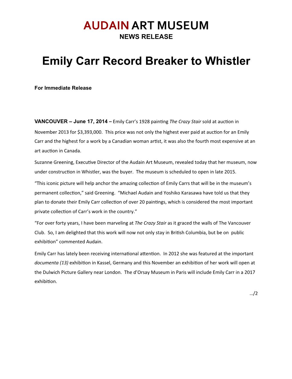 Emily Carr Record Breaker to Whistler