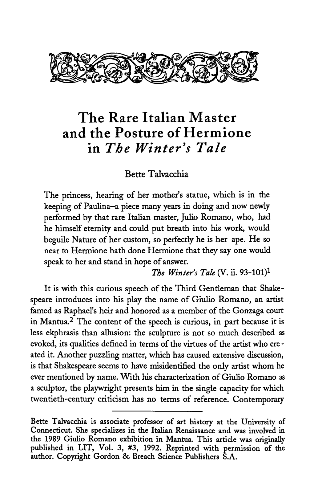 T H E R a R E Italian M a S T E R and the Posture of Hermione in the Winter