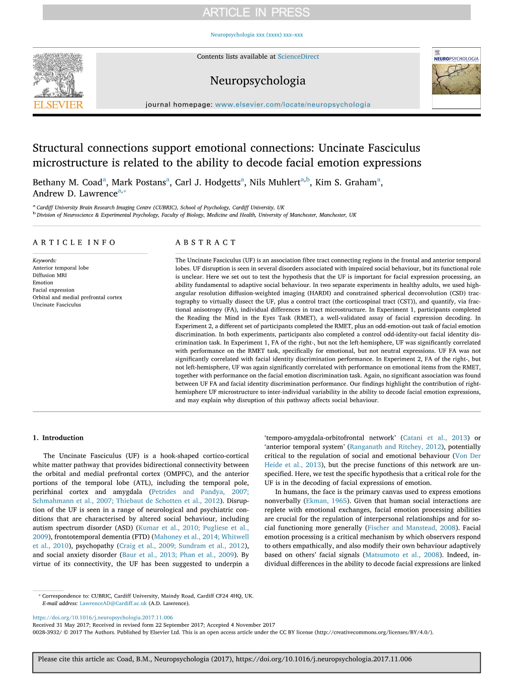 Structural Connections Support Emotional Connections Uncinate Fasciculus Microstructure Is Related to the Ability to Decode