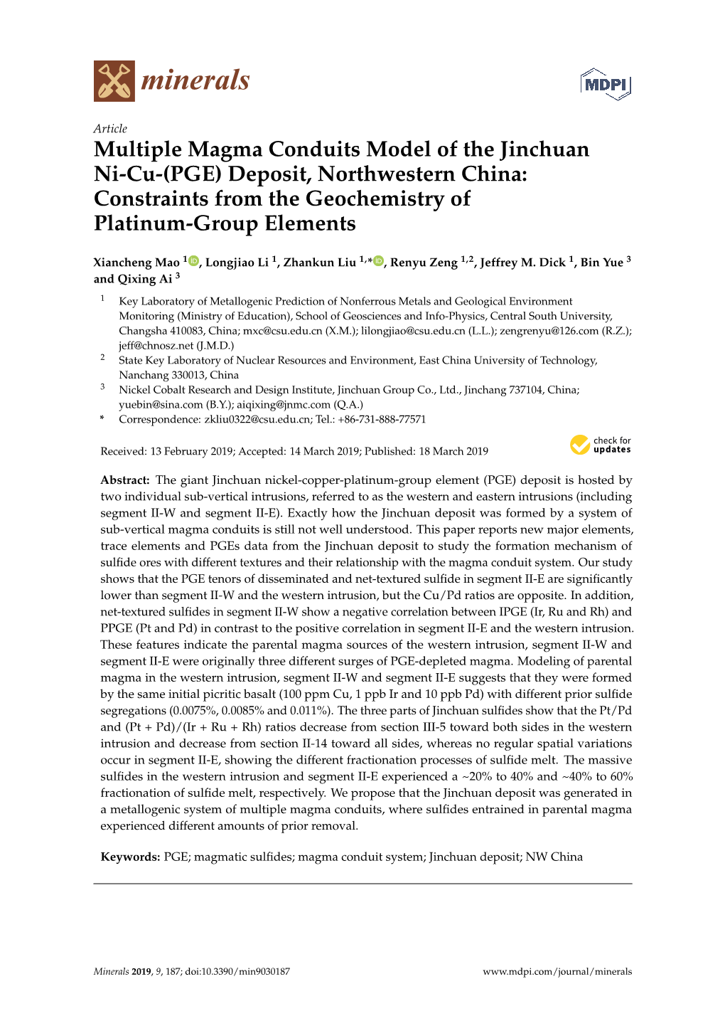 PGE) Deposit, Northwestern China: Constraints from the Geochemistry of Platinum-Group Elements