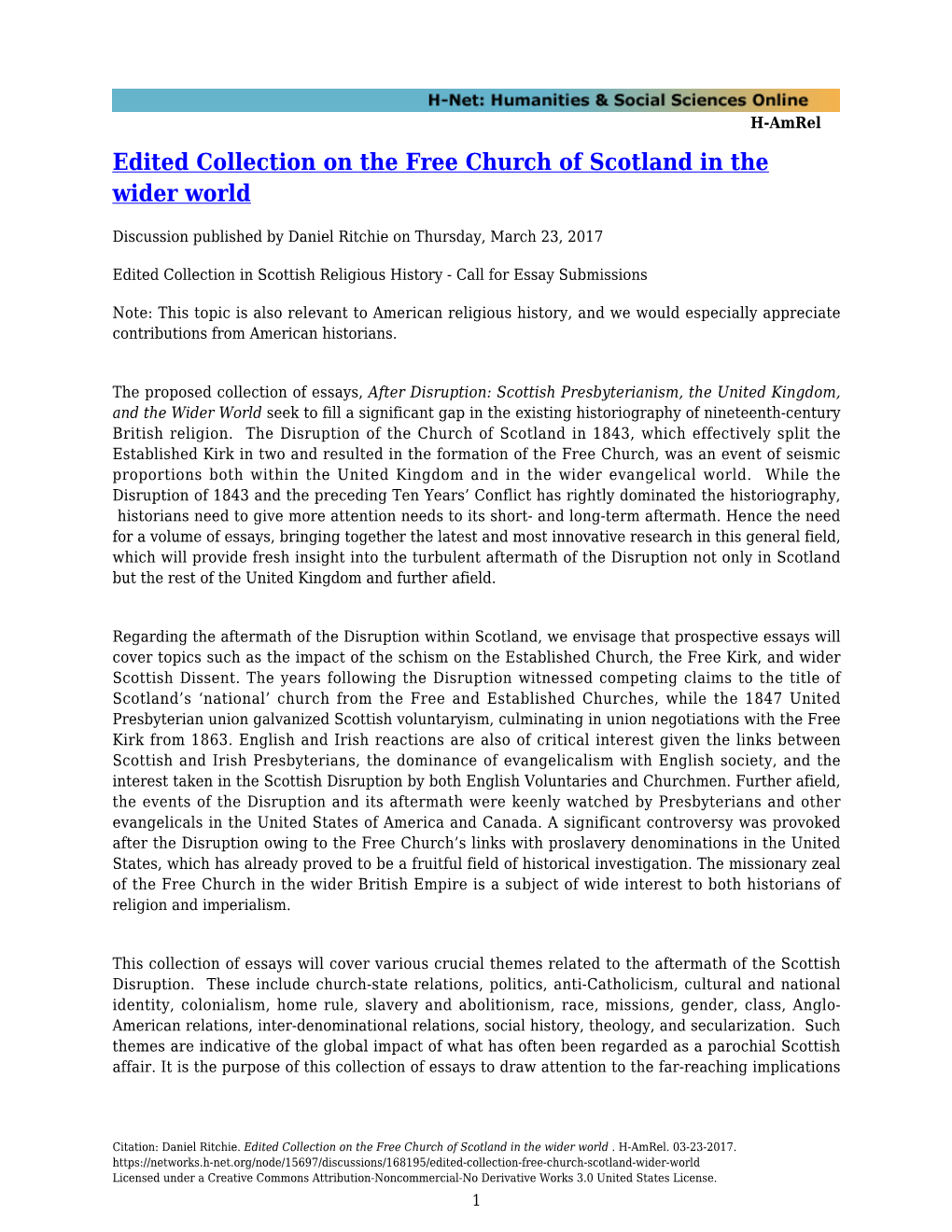 Edited Collection on the Free Church of Scotland in the Wider World