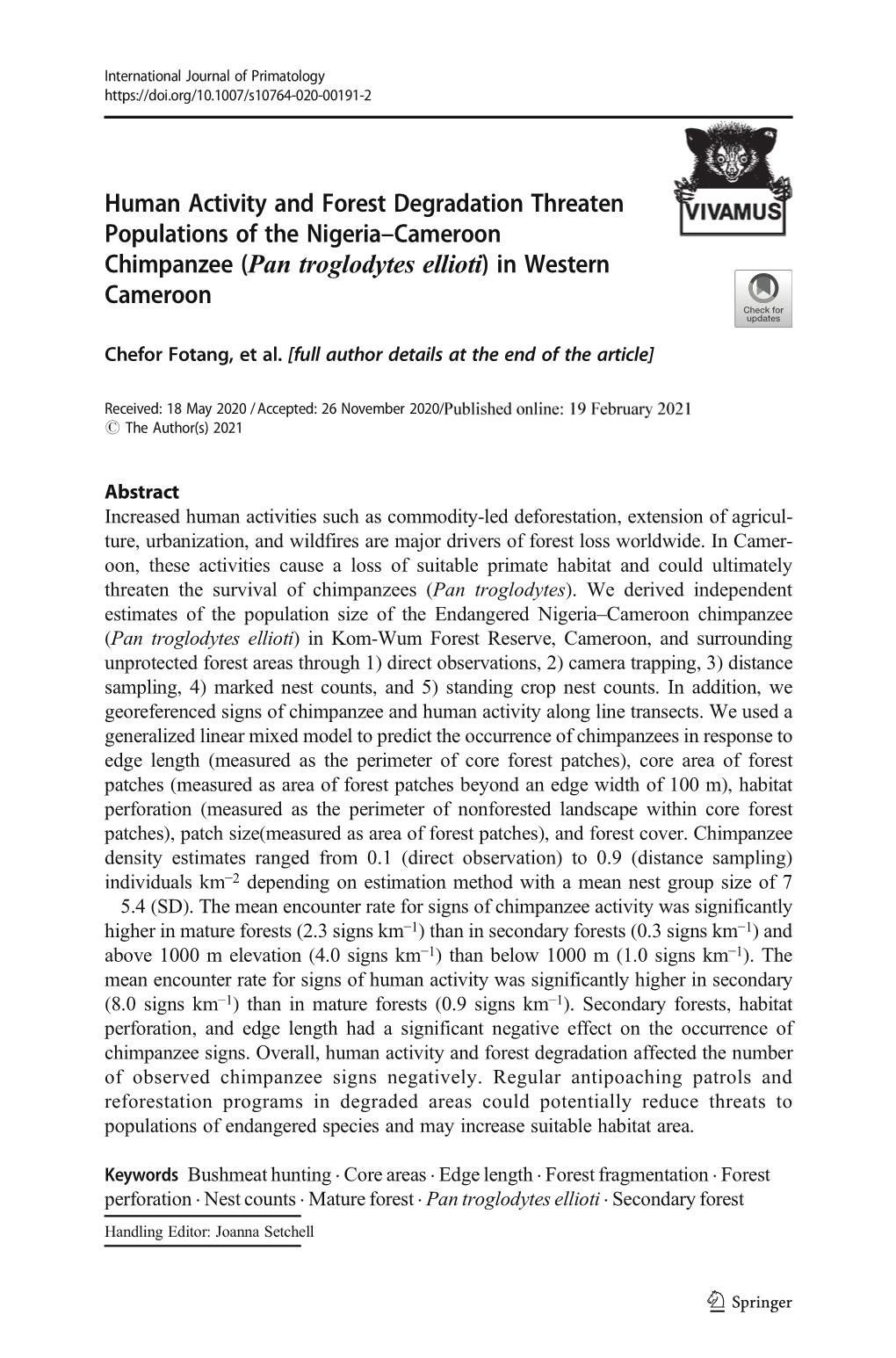 Human Activity and Forest Degradation Threaten Populations of the Nigeria–Cameroon Chimpanzee (Pan Troglodytes Ellioti)Inwestern Cameroon