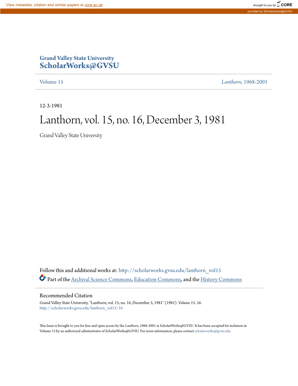 Lanthorn, Vol. 15, No. 16, December 3, 1981 Grand Valley State University