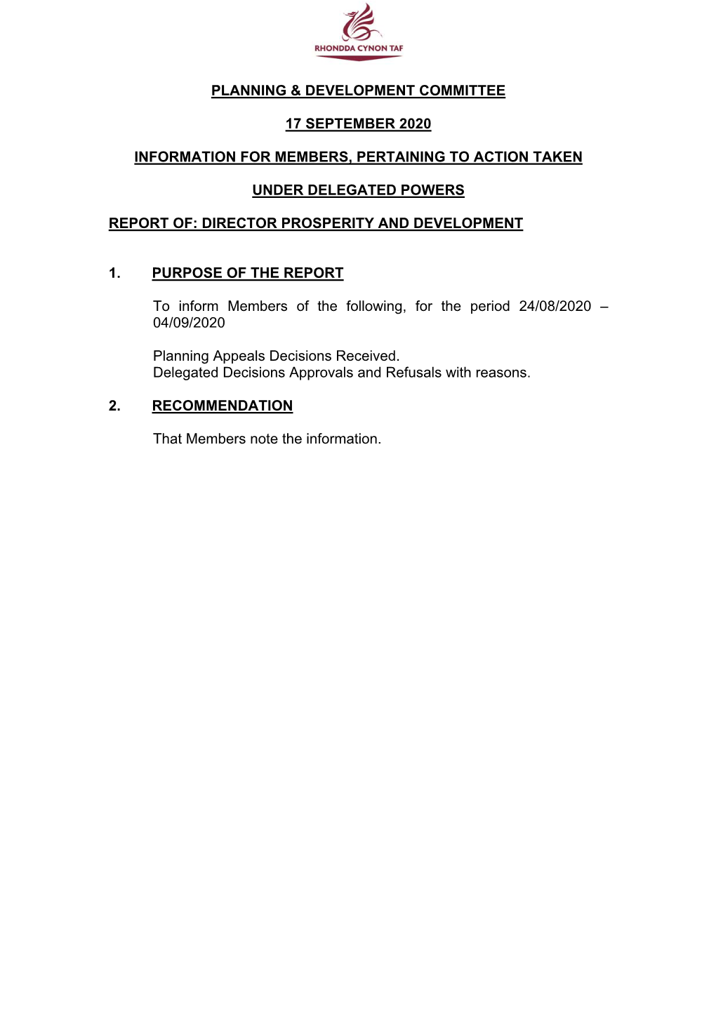 Planning & Development Committee 17 September 2020