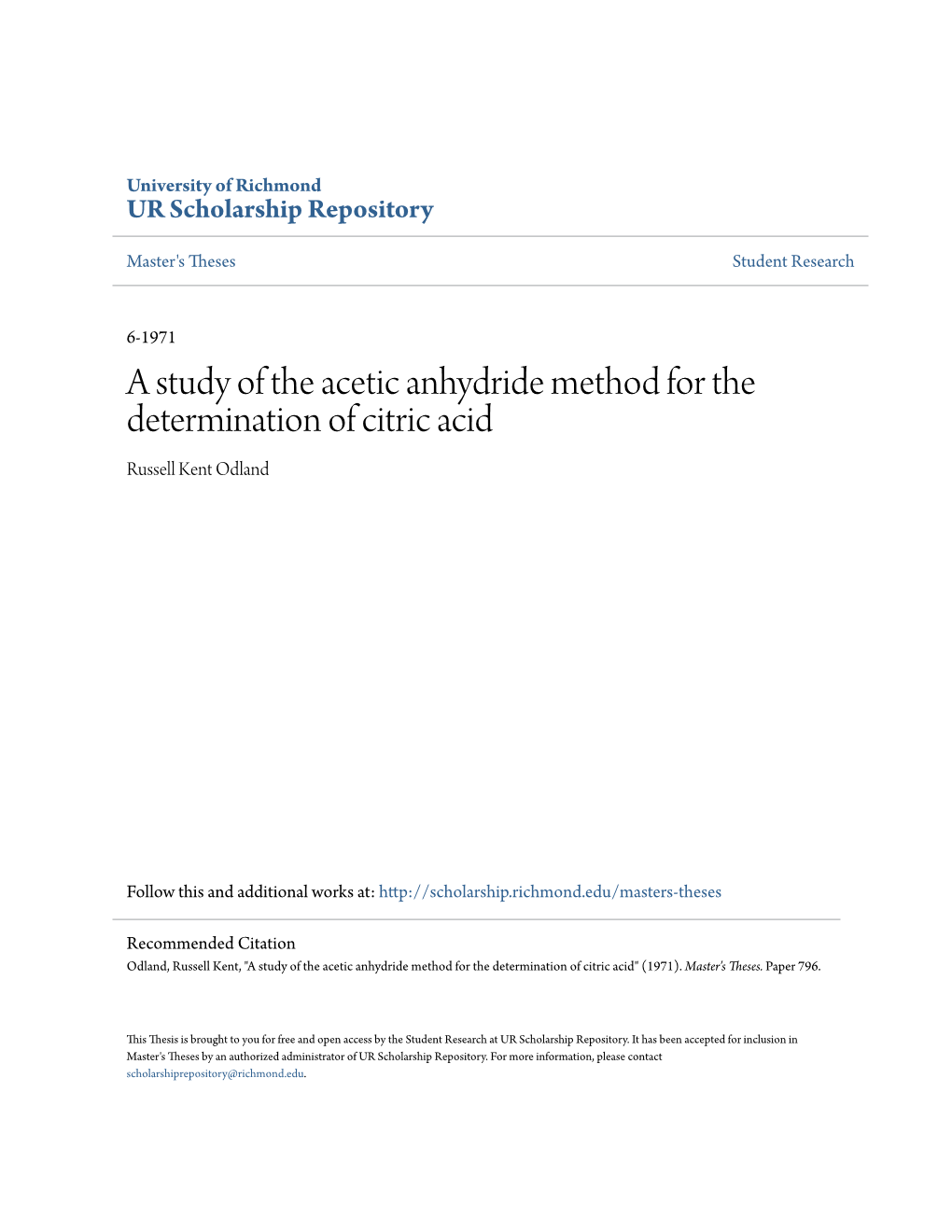 A Study of the Acetic Anhydride Method for the Determination of Citric Acid Russell Kent Odland