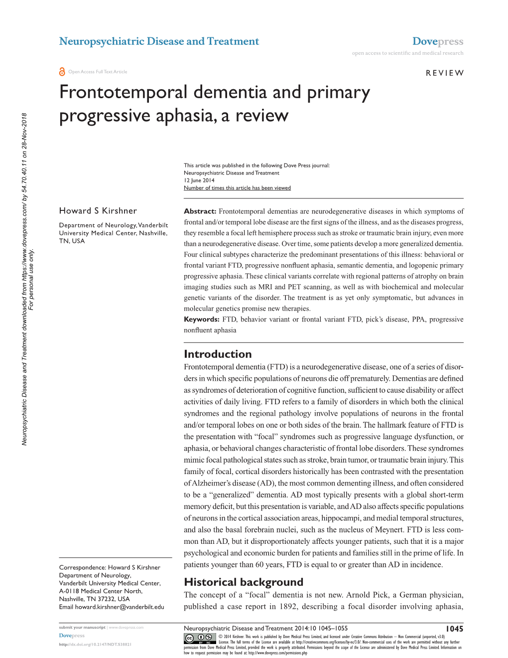Frontotemporal Dementia and Primary Progressive Aphasia, a Review
