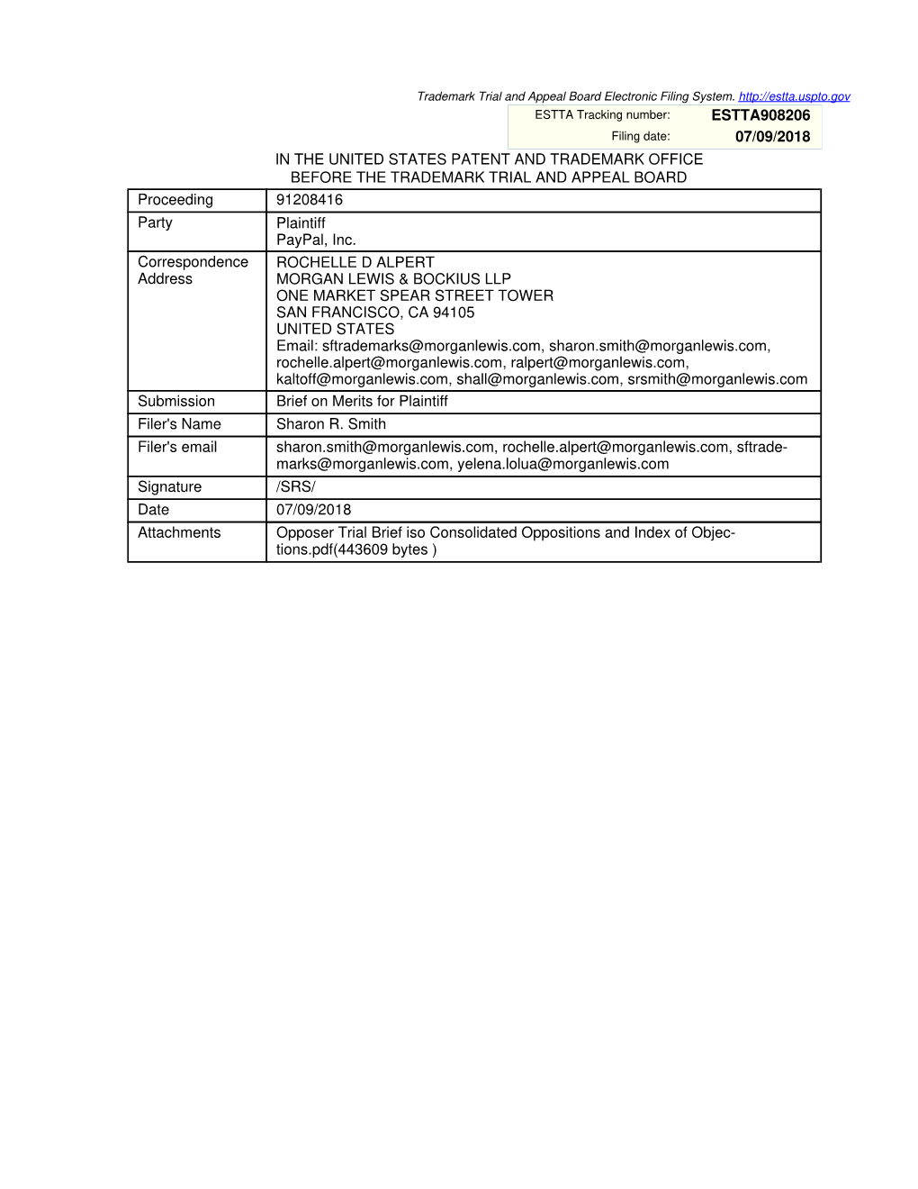 Estta908206 07/09/2018 in the United States Patent And