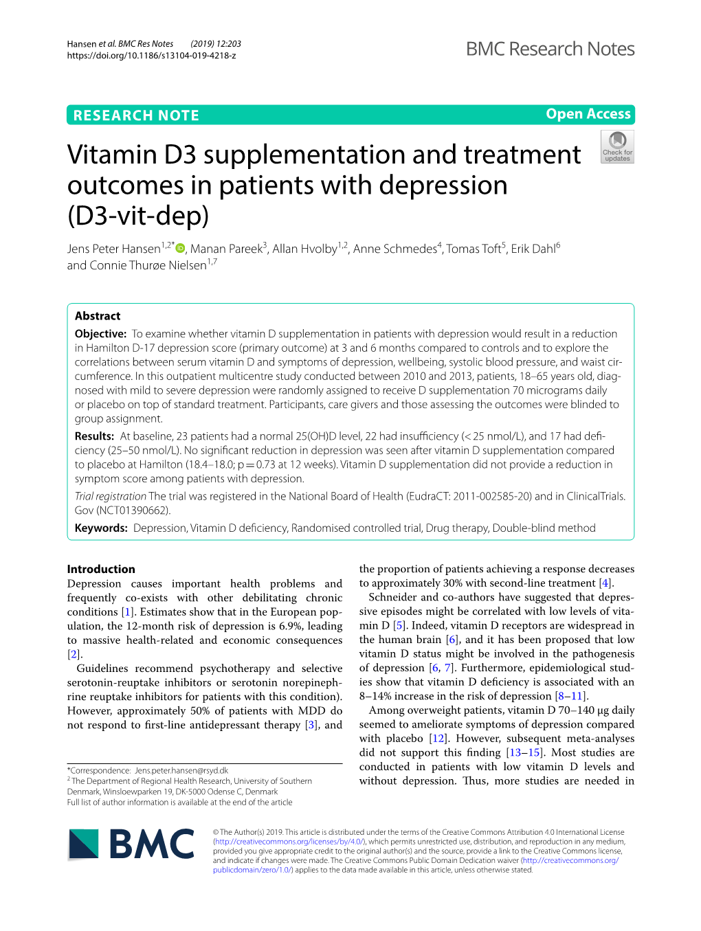 Vitamin D3 Supplementation and Treatment Outcomes in Patients With