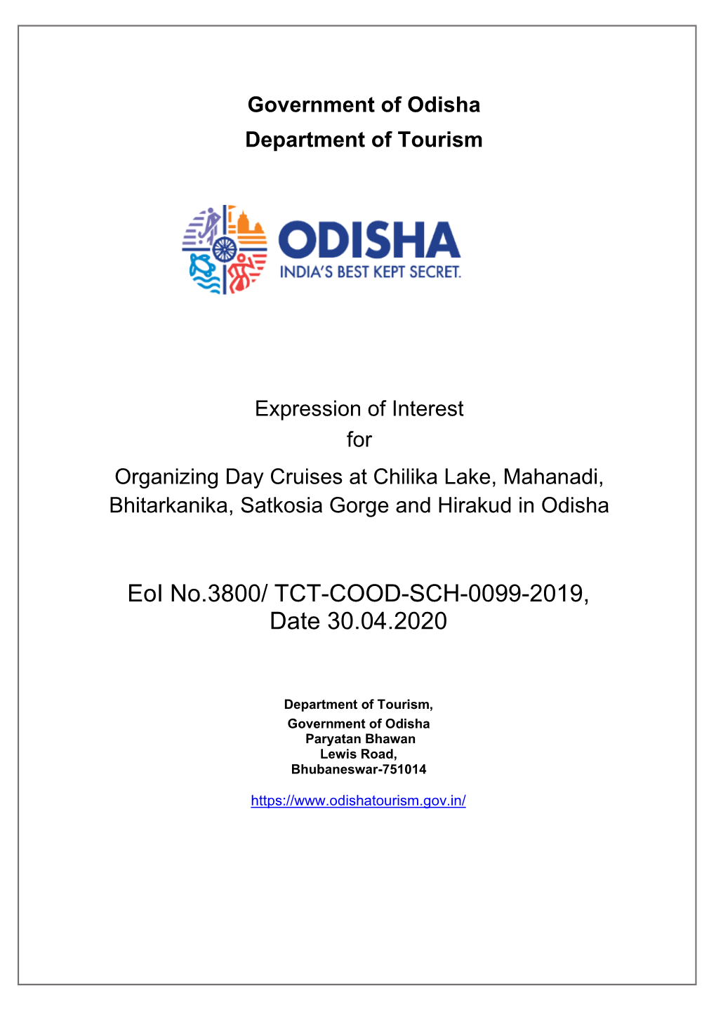 Expression of Interest for Organizing Day Cruises at Chilika Lake, Mahanadi, Bhitarkanika, Satkosia Gorge and Hirakud in Odisha