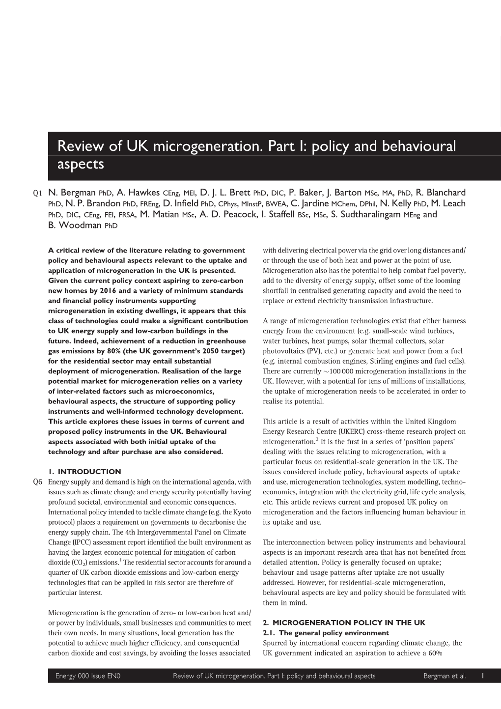 Review of UK Microgeneration. Part I: Policy and Behavioural Aspects