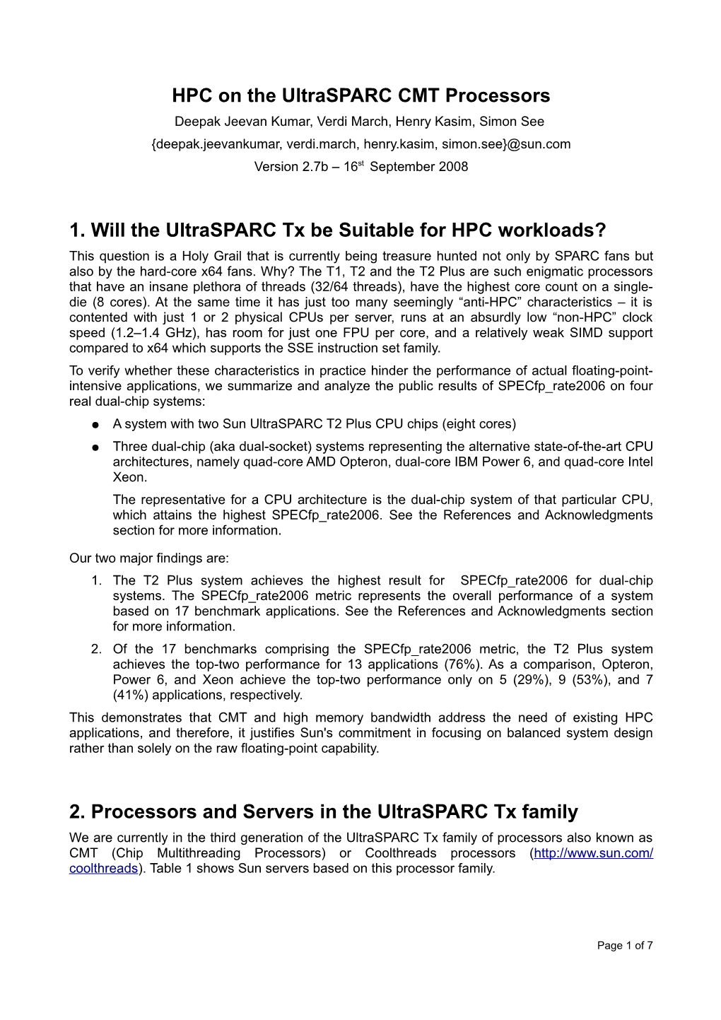 HPC on the Ultrasparc CMT Processors