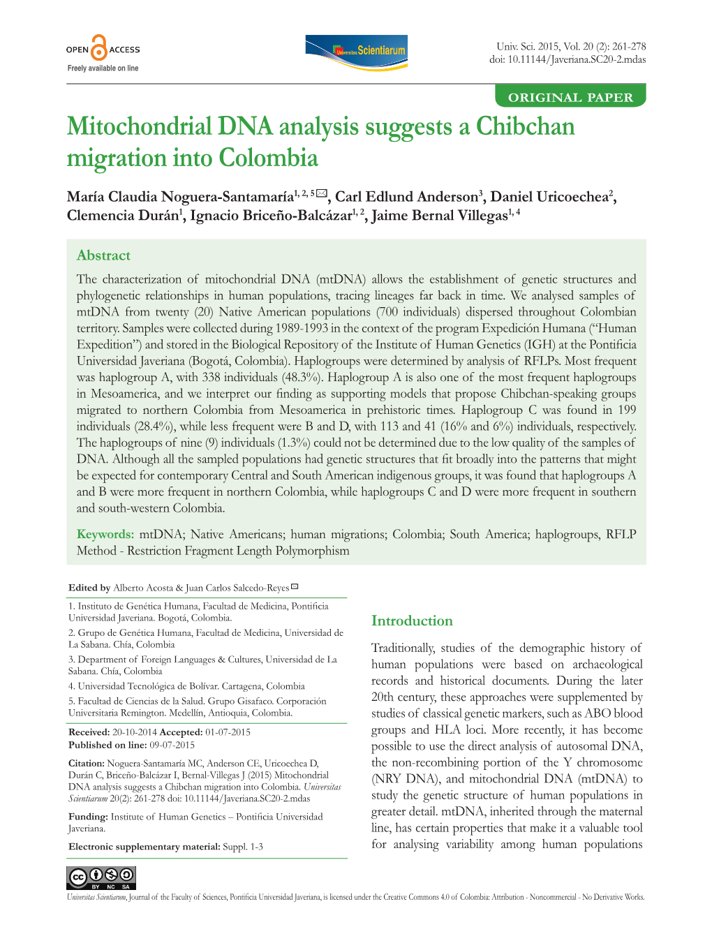 Mitochondrial DNA Analysis Suggests a Chibchan Migration Into Colombia