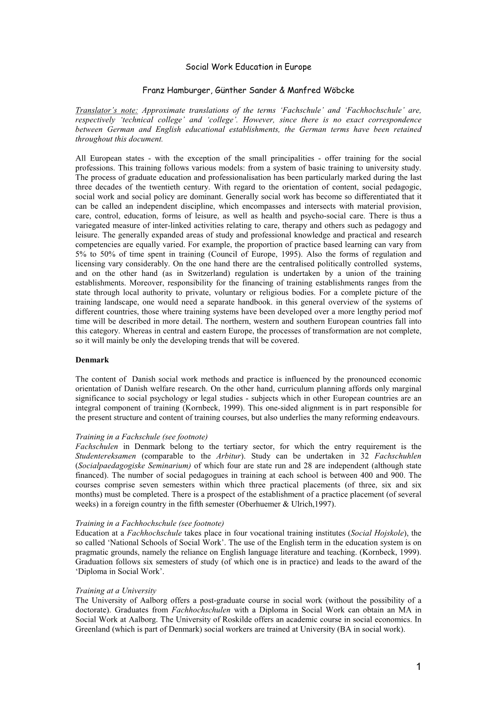 Social Work Education in Europe Franz Hamburger, Günther Sander