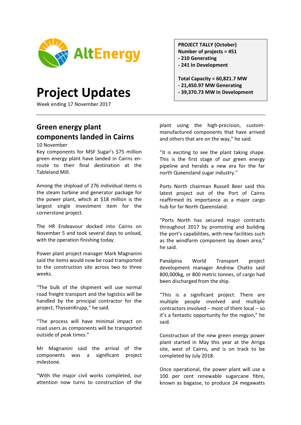 Project Updates Week Ending 17 November 2017