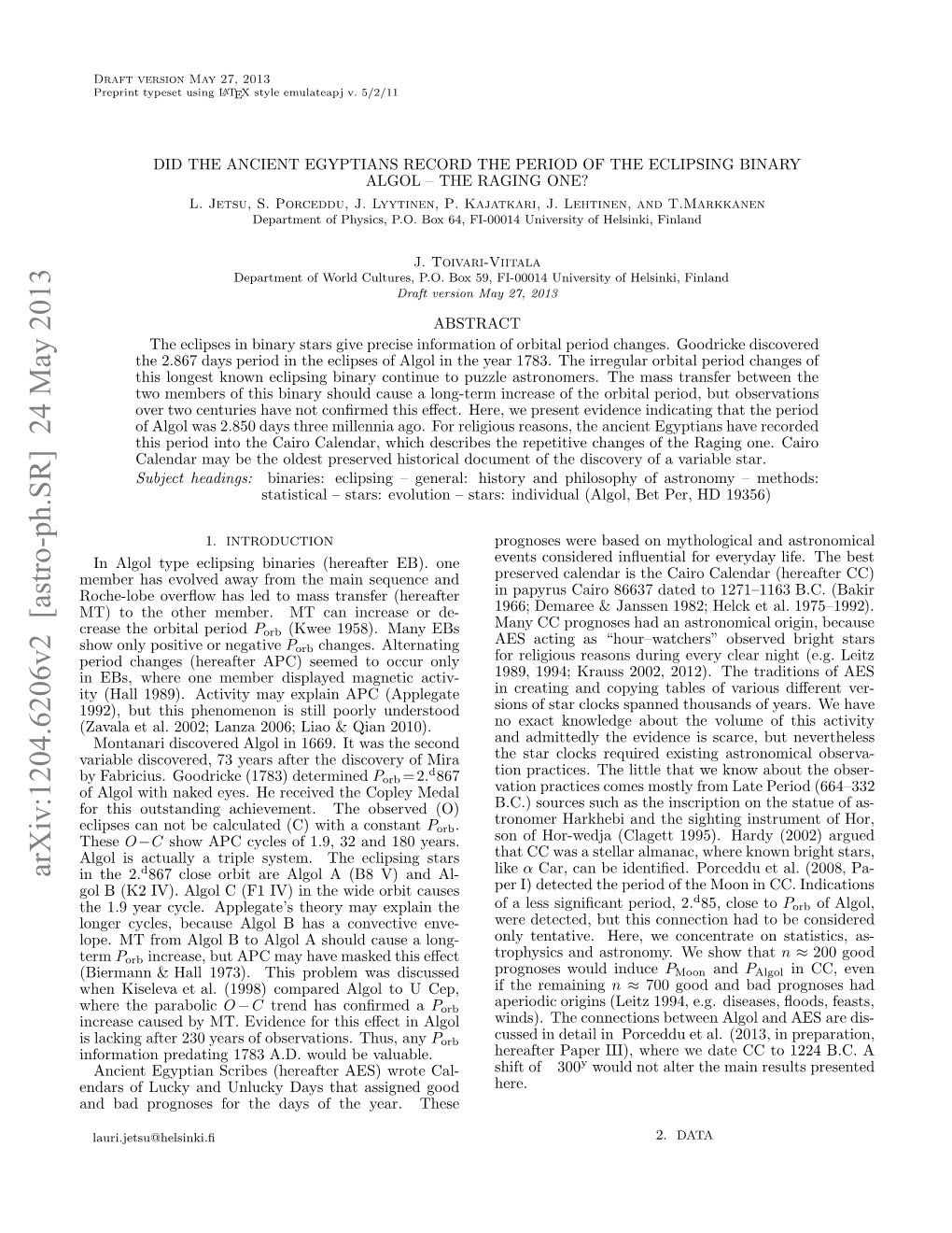 Did the Ancient Egyptians Record the Period of the Eclipsing Binary Algol