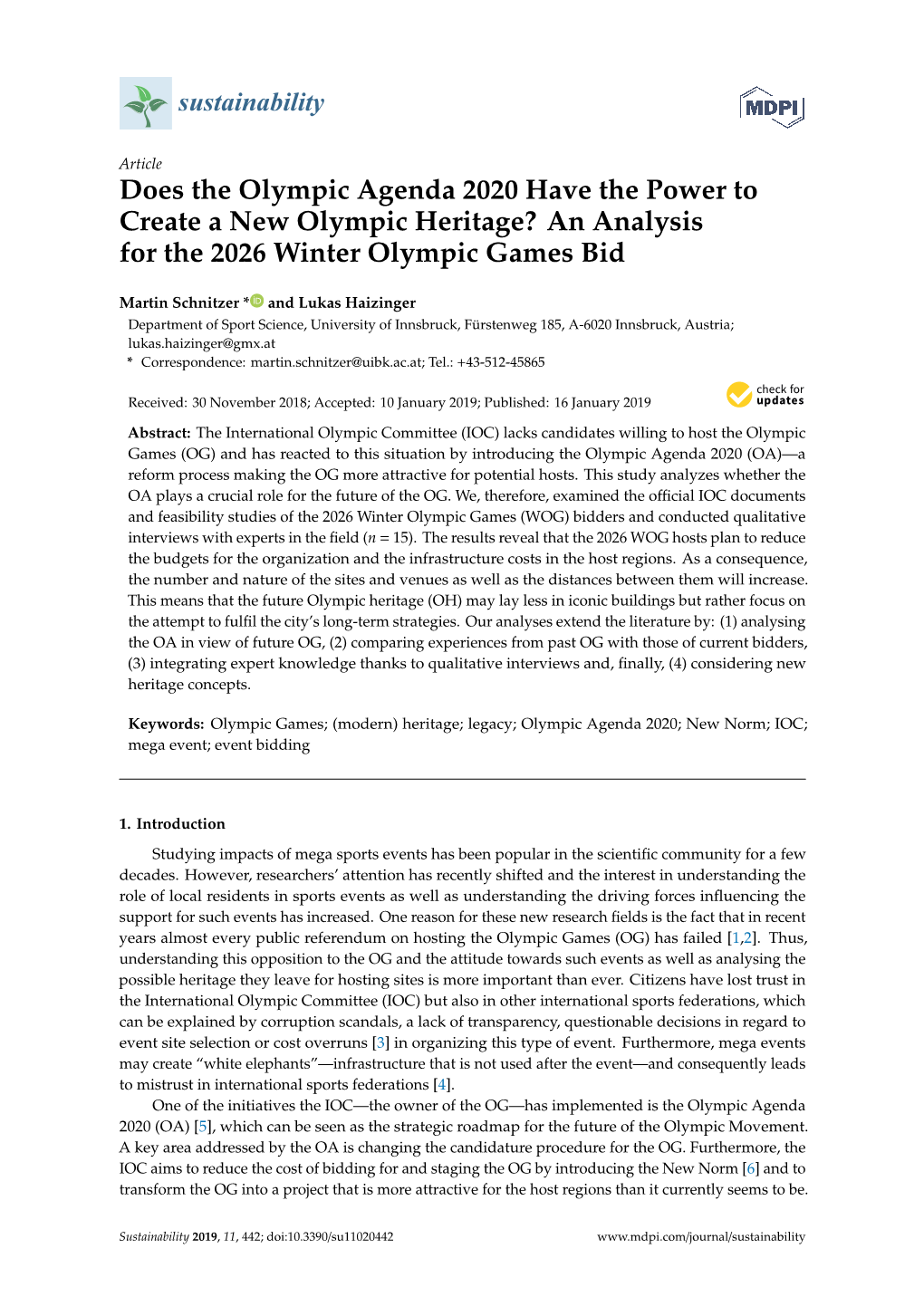 Does the Olympic Agenda 2020 Have the Power to Create a New Olympic Heritage? an Analysis for the 2026 Winter Olympic Games Bid