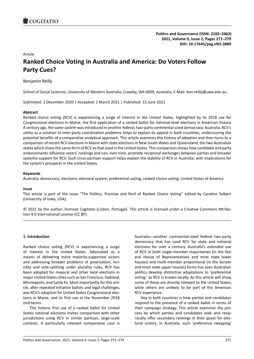 Ranked Choice Voting in Australia and America: Do Voters Follow Party Cues?