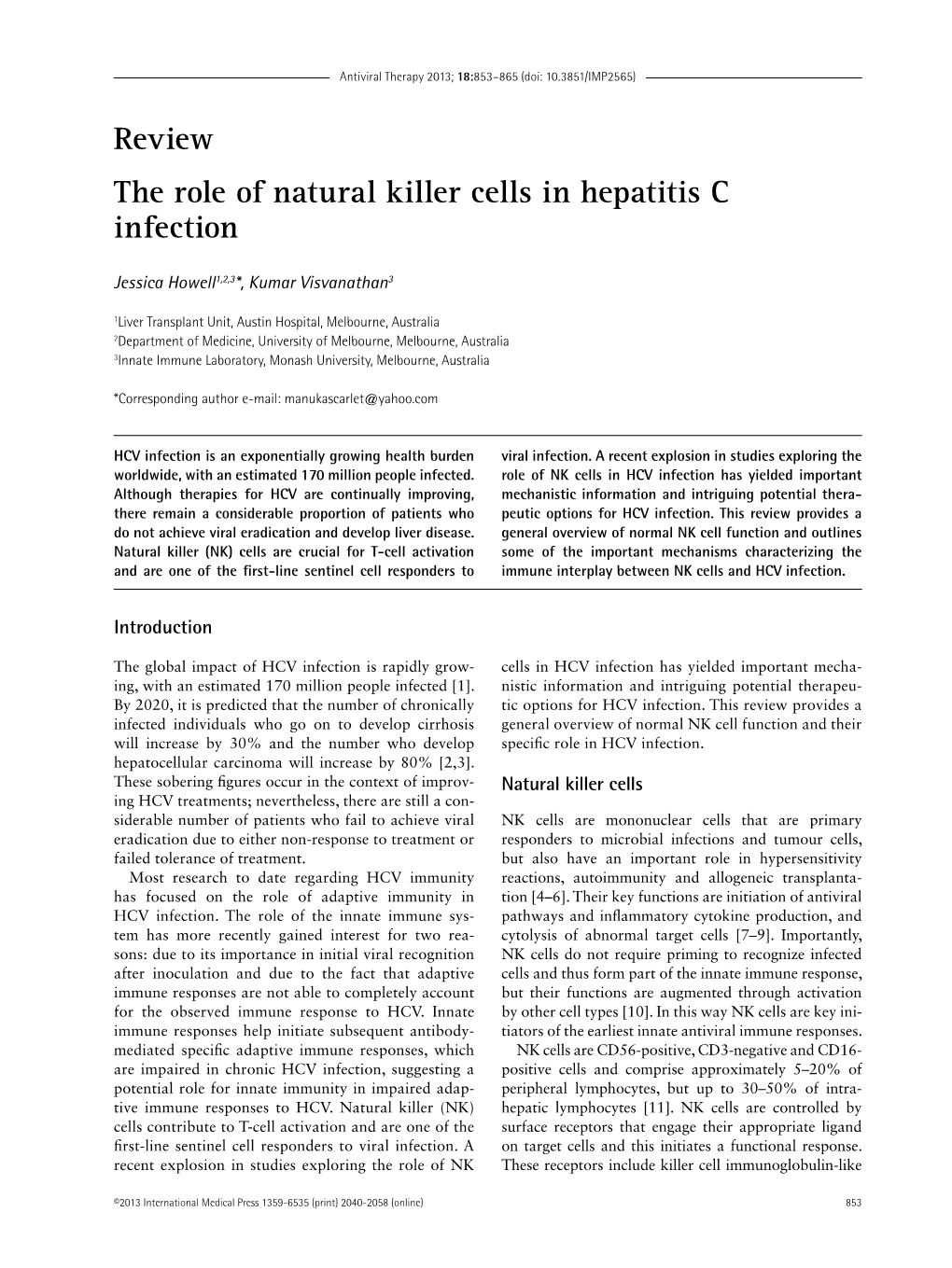 Review the Role of Natural Killer Cells in Hepatitis C Infection