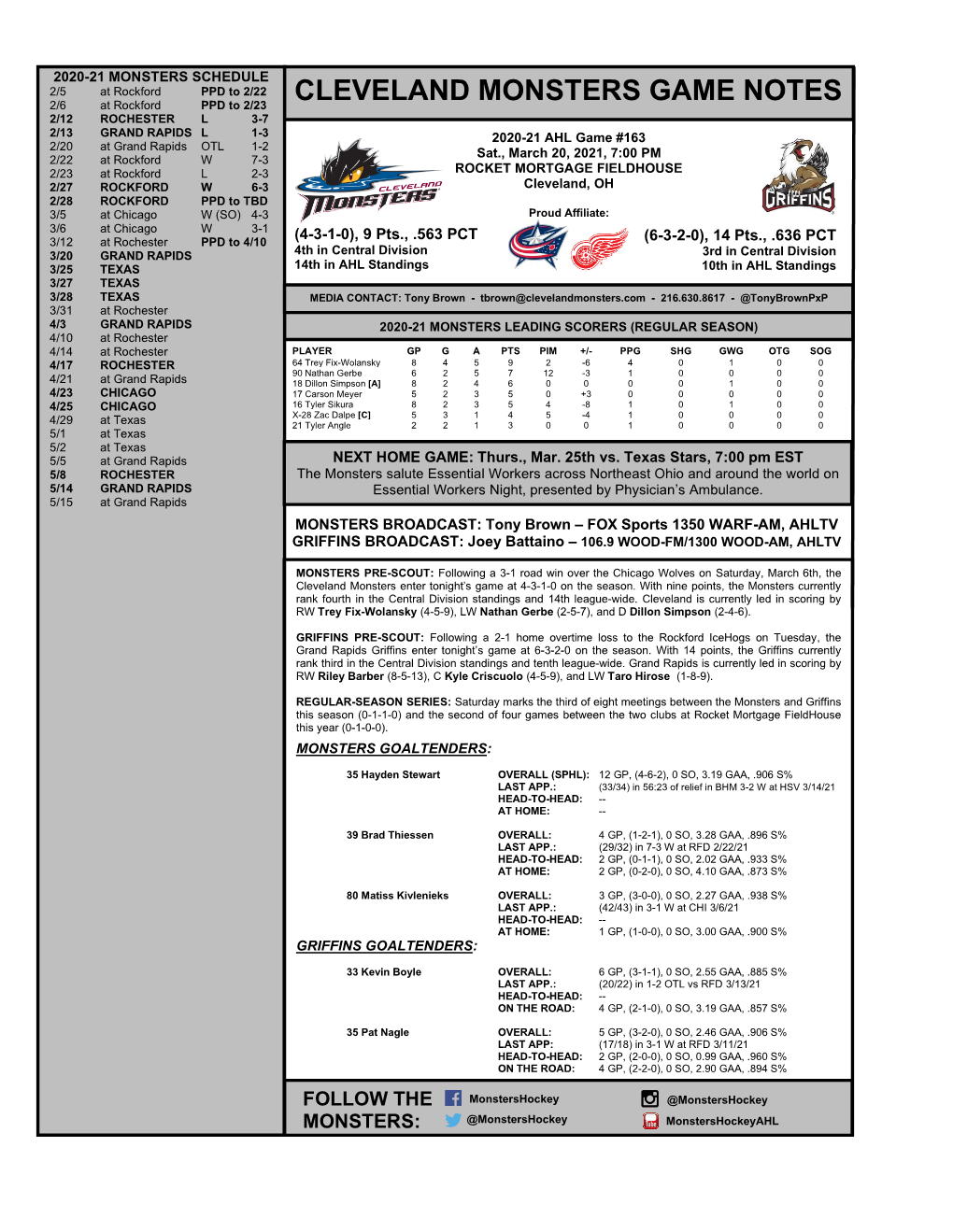 Cleveland Monsters Game Notes