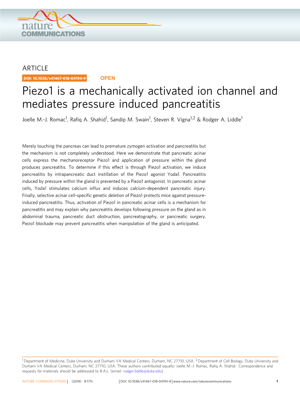 Piezo1 Is a Mechanically Activated Ion Channel and Mediates Pressure Induced Pancreatitis