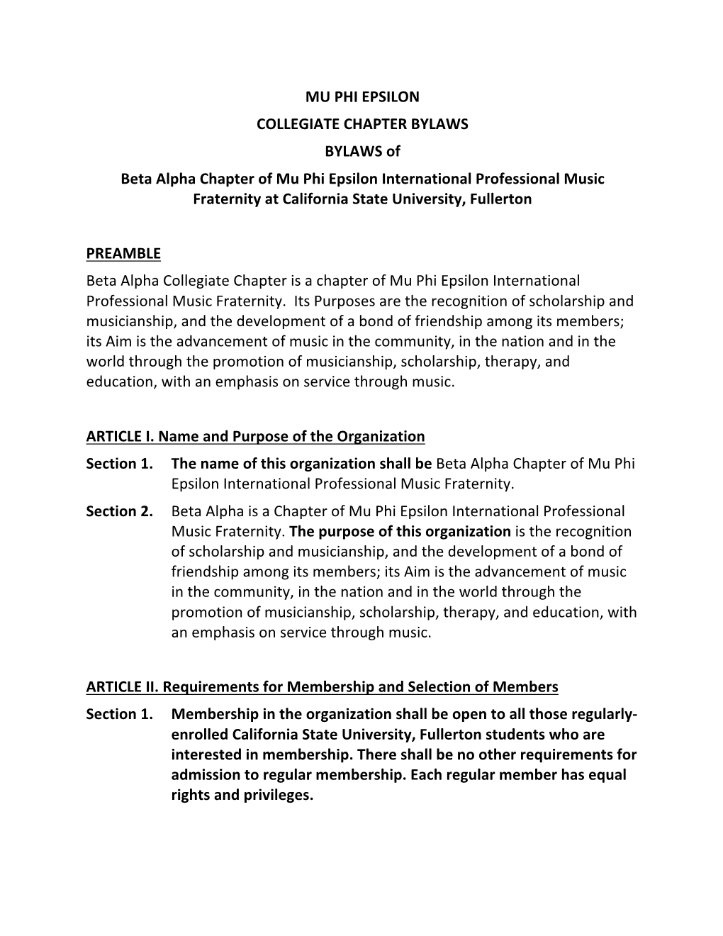 MU PHI EPSILON COLLEGIATE CHAPTER BYLAWS BYLAWS Of