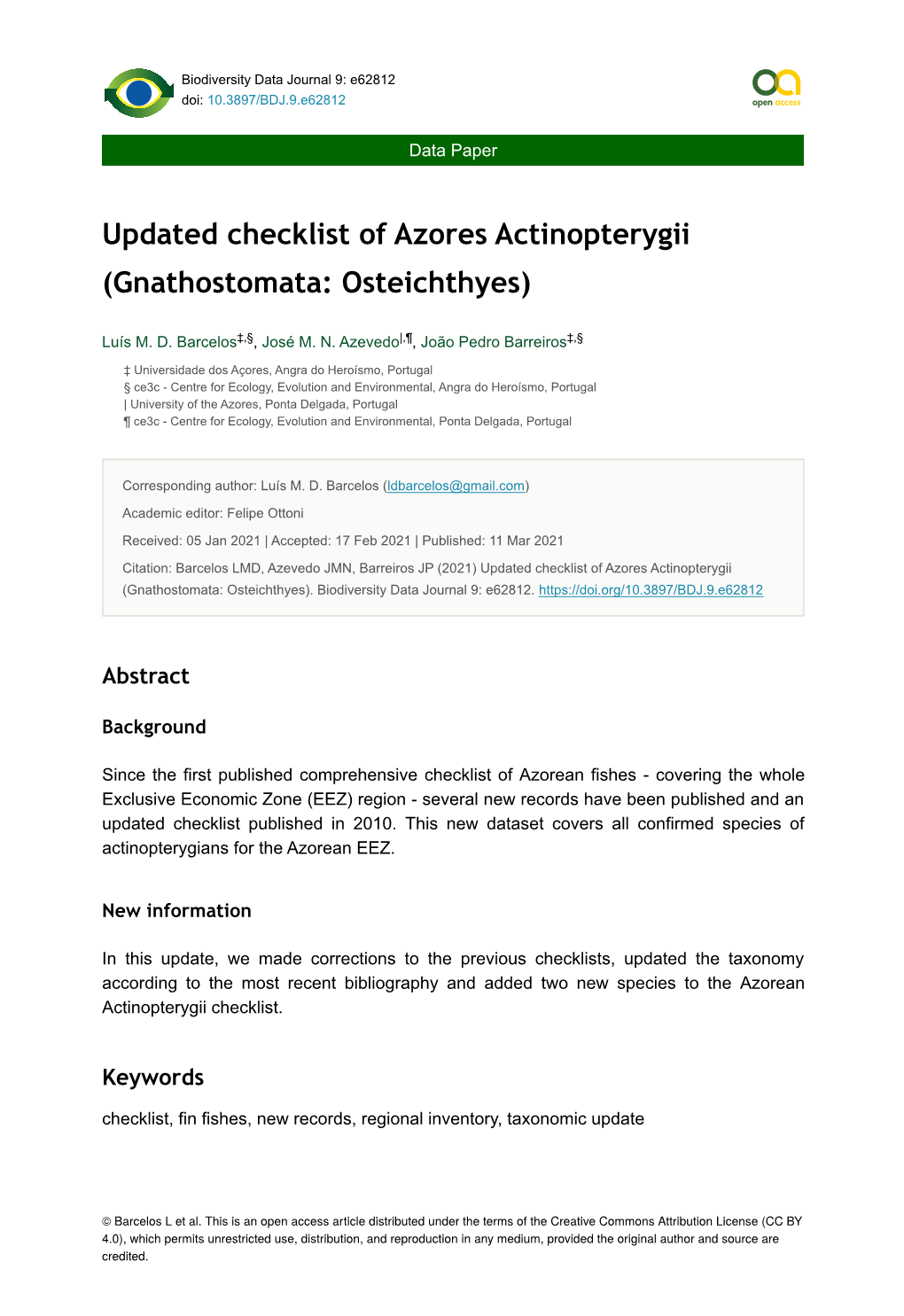 Updated Checklist of Azores Actinopterygii (Gnathostomata: Osteichthyes)