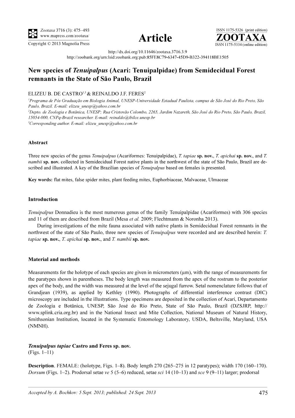 New Species of Tenuipalpus (Acari: Tenuipalpidae) from Semidecidual Forest Remnants in the State of São Paulo, Brazil