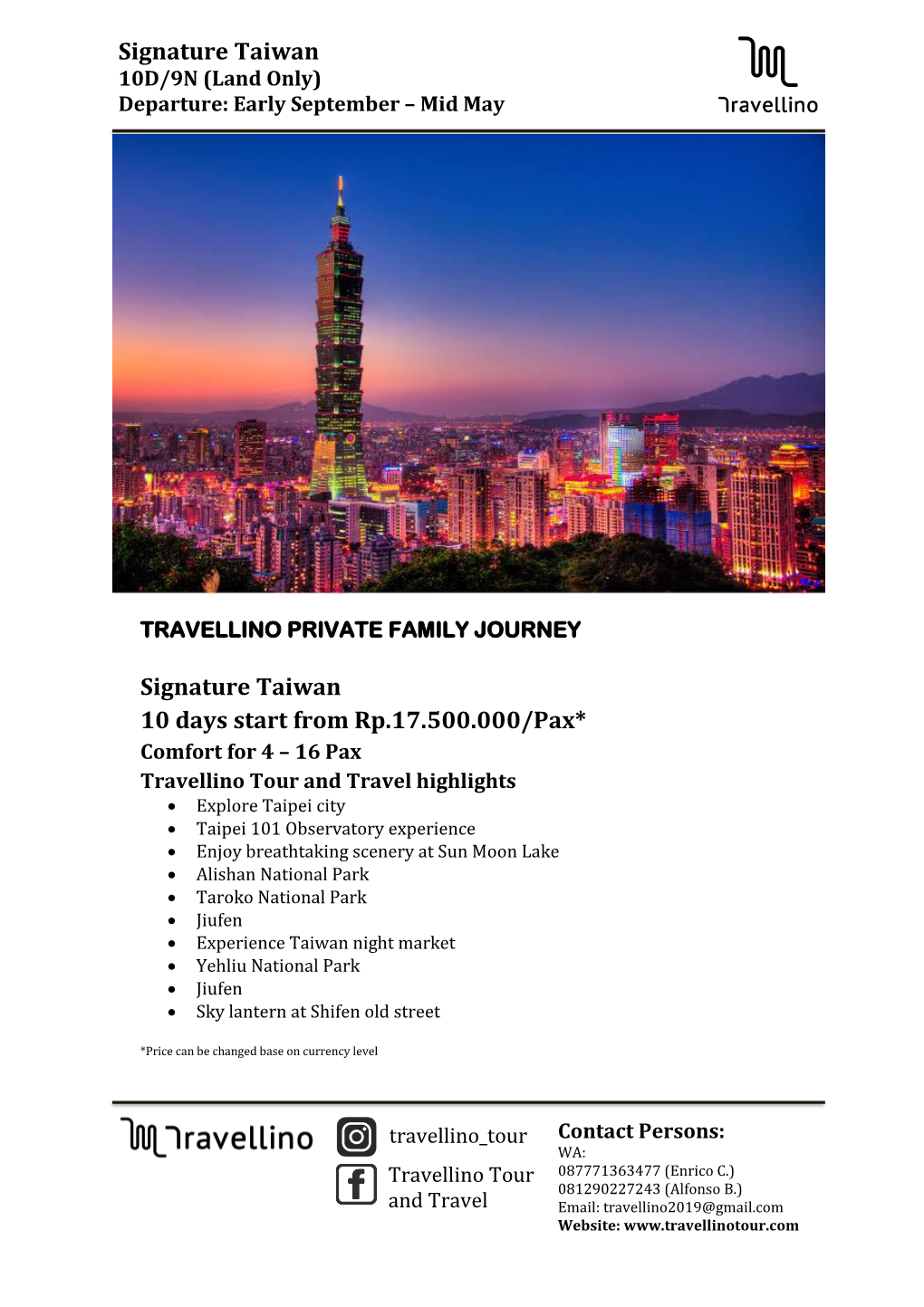 Signature Taiwan 10D/9N (Land Only) Departure: Early September – Mid May