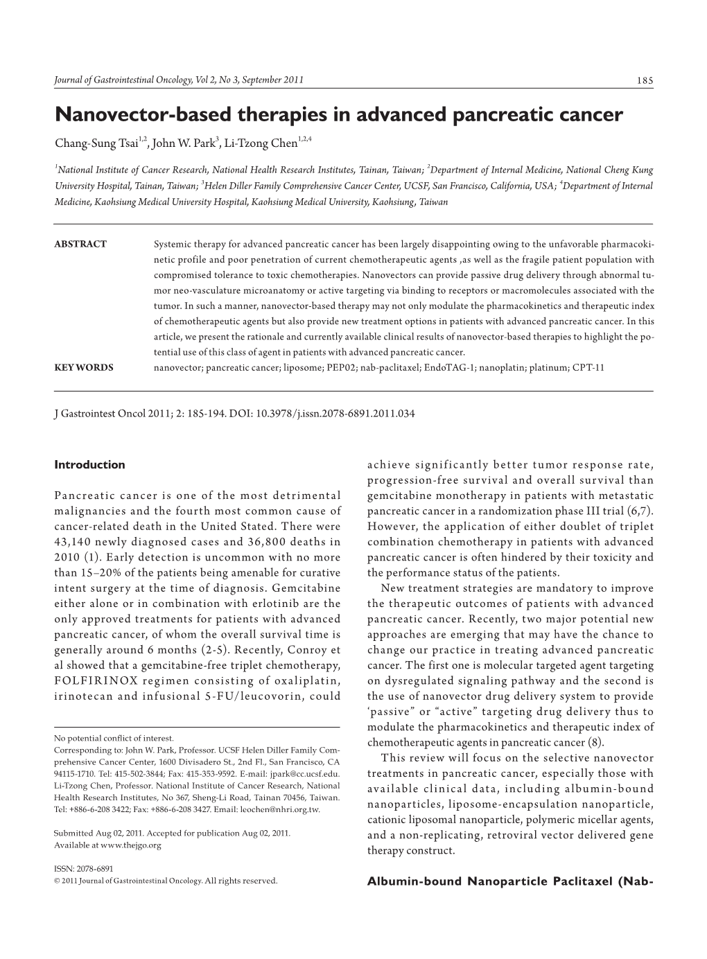 Nanovector-Based Therapies in Advanced Pancreatic Cancer Chang-Sung Tsai1,2, John W