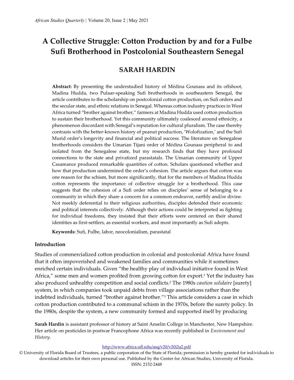 Cotton Production by and for a Fulbe Sufi Brotherhood in Postcolonial Southeastern Senegal
