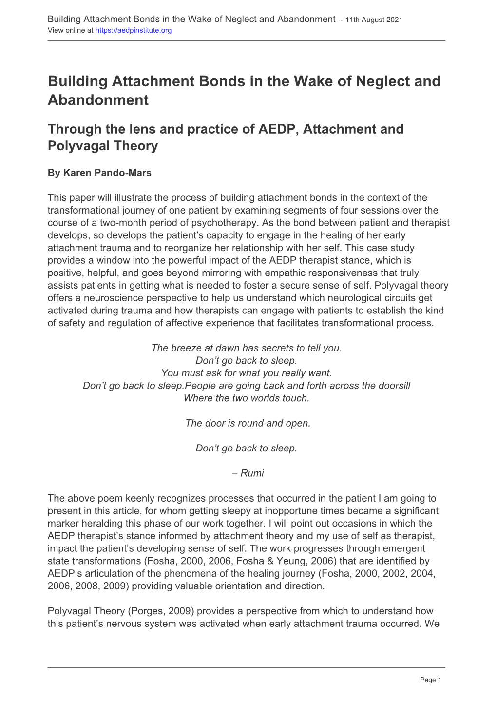 Building Attachment Bonds in the Wake of Neglect and Abandonment - 11Th August 2021 View Online At