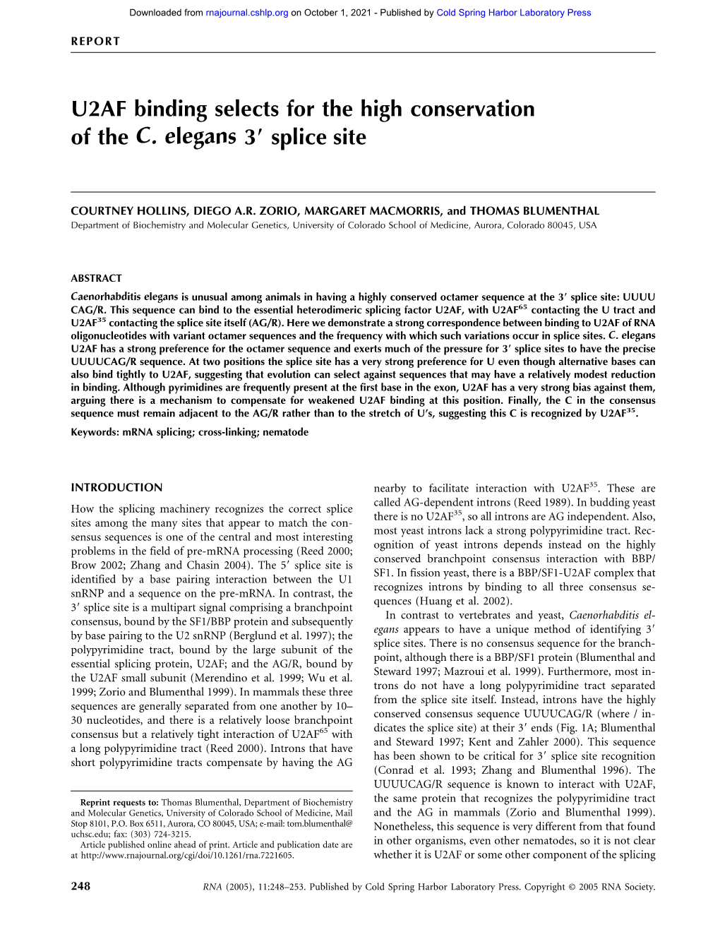 U2AF Binding Selects for the High Conservation of the C. Elegans 3؅ Splice Site
