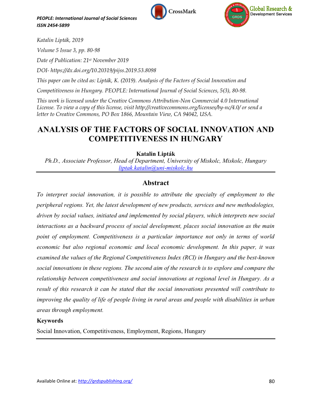 Analysis of the Factors of Social Innovation and Competitiveness in Hungary