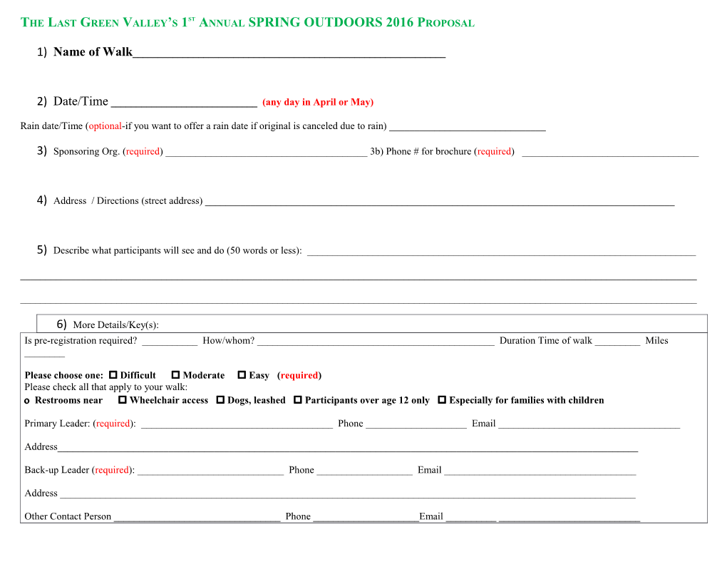 The Last Green Valley S 1St Annual SPRING OUTDOORS 2016 Proposal