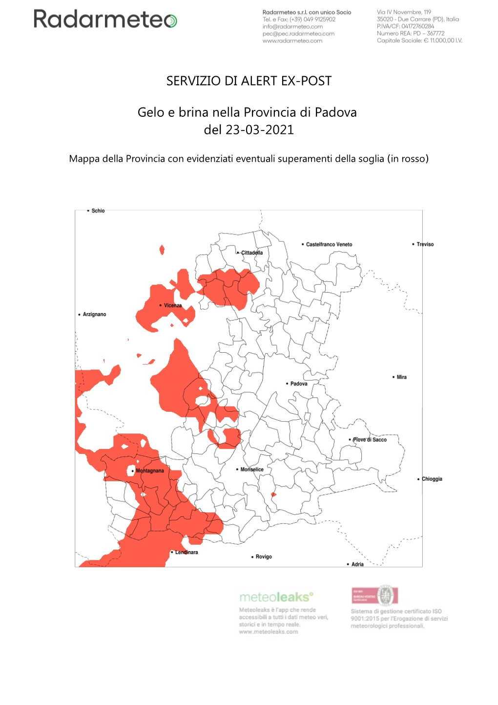 SERVIZIO DI ALERT EX-POST Gelo E Brina Nella Provincia Di Padova Del