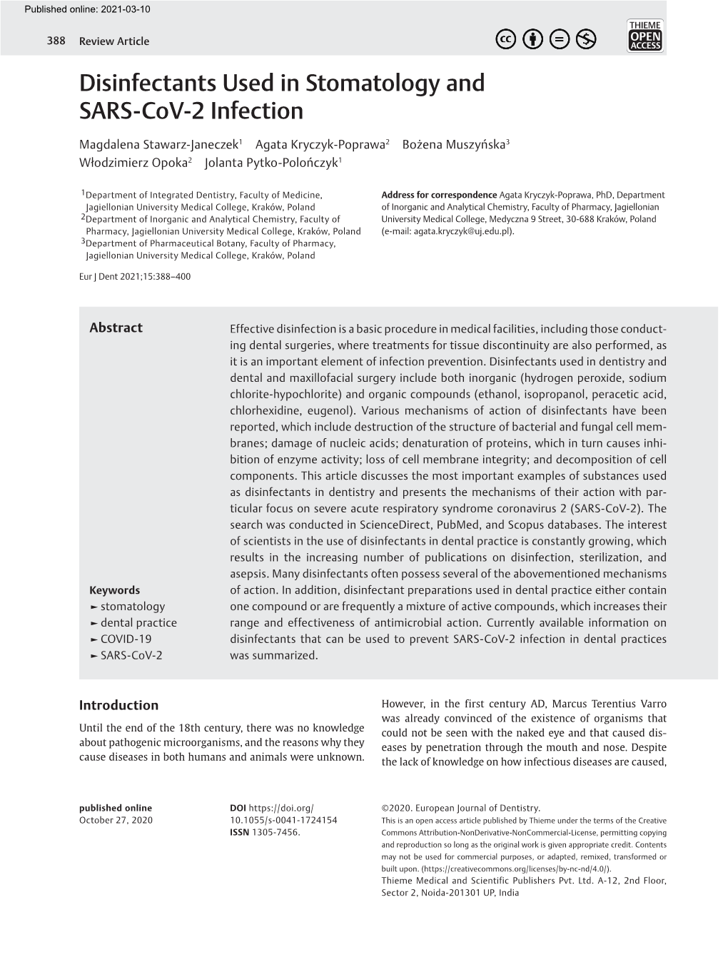 Disinfectants Used in Stomatology and SARS-Cov-2 Infection