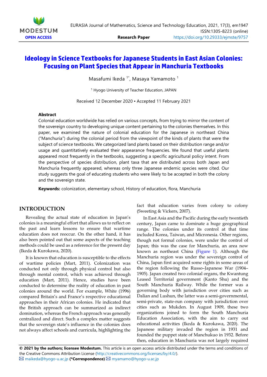 Ideology in Science Textbooks for Japanese Students in East Asian Colonies: Focusing on Plant Species That Appear in Manchuria Textbooks