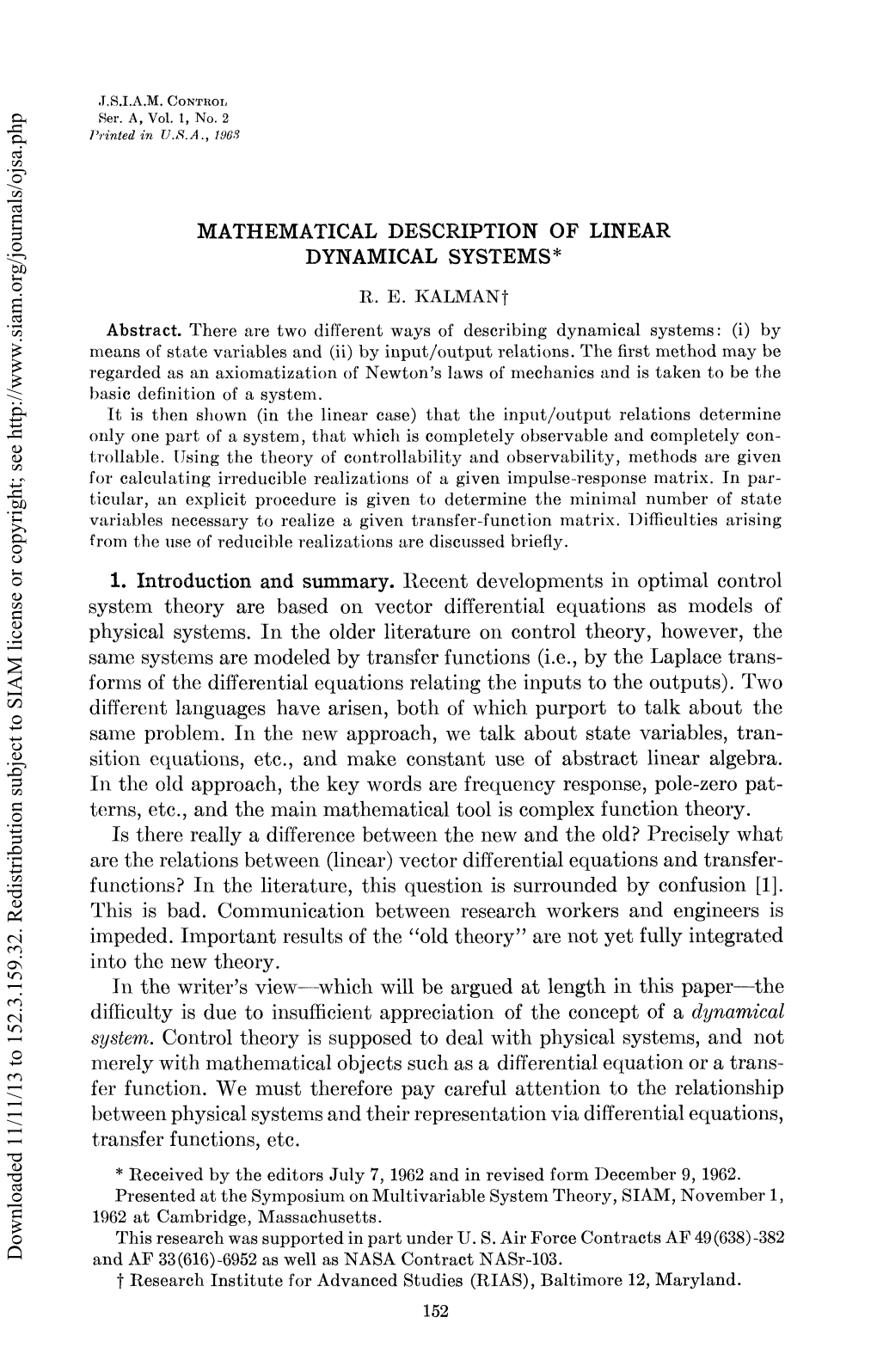 Mathematical Description of Linear Dynamical Systems* R